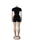 Casual Summer Solid Color Short Sleeve O Neck Drawstring Crop Tops Sports Slim Shorts Fitness 2 Piece Set FSX-272