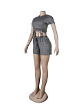 Casual Summer Solid Color Short Sleeve O Neck Drawstring Crop Tops Sports Slim Shorts Fitness 2 Piece Set FSX-272