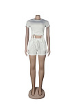 Casual Summer Solid Color Short Sleeve O Neck Drawstring Crop Tops Sports Slim Shorts Fitness 2 Piece Set FSX-272
