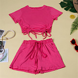 Casual Summer Solid Color Short Sleeve O Neck Drawstring Crop Tops Sports Slim Shorts Fitness 2 Piece Set FSX-272