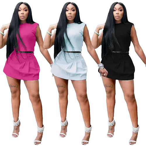 Sexy Solid Color Sleeveless O Neck Crop Top High Waist Mini Skirt Summer Womens Two Piece Matching Sets NIYA-8067