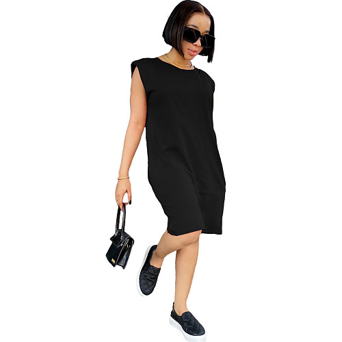 Hot Selling Elegant Women Solid Color O-Neck Sleeveless Shoulder Pads Bodycon Knee Length Dresses NIYA-8066