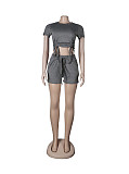 Casual Summer Solid Color Short Sleeve O Neck Drawstring Crop Tops Sports Slim Shorts Fitness 2 Piece Set FSX-272
