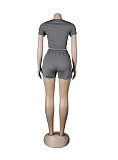 Casual Summer Solid Color Short Sleeve O Neck Drawstring Crop Tops Sports Slim Shorts Fitness 2 Piece Set FSX-272