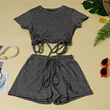 Casual Summer Solid Color Short Sleeve O Neck Drawstring Crop Tops Sports Slim Shorts Fitness 2 Piece Set FSX-272