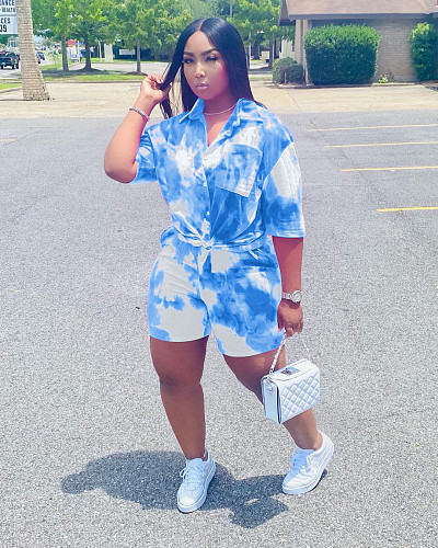 2021 Summer Chic Tie-Dye Short Sleeve Turn Down Collar Shirt High Waist Shorts Women Plus Size Two Piece Sets WA-77209