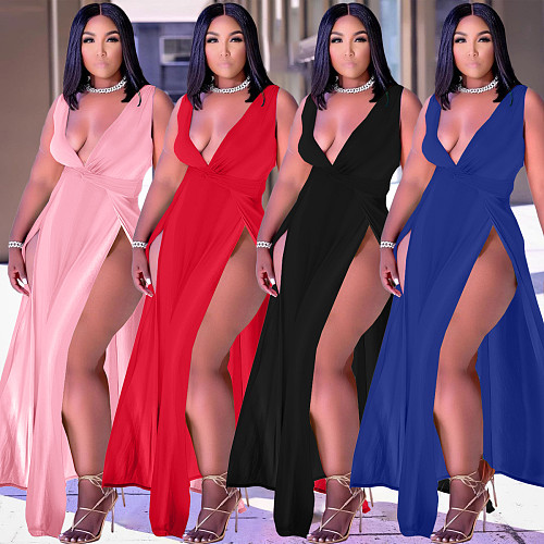 Fashion Deep V Neck Solid Color Sleeveless Sexy High Slit Women Elegant A-Line Plus Size Maxi Long Dress WA-7205