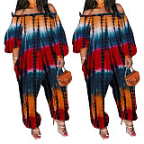 2021 Women Streetwear Summer Pocket Design Lantern Sleeve Tie Dye Print Off Shoulder Plus Size Jumpsuit BER-8071