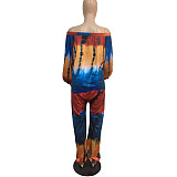 2021 Women Streetwear Summer Pocket Design Lantern Sleeve Tie Dye Print Off Shoulder Plus Size Jumpsuit BER-8071
