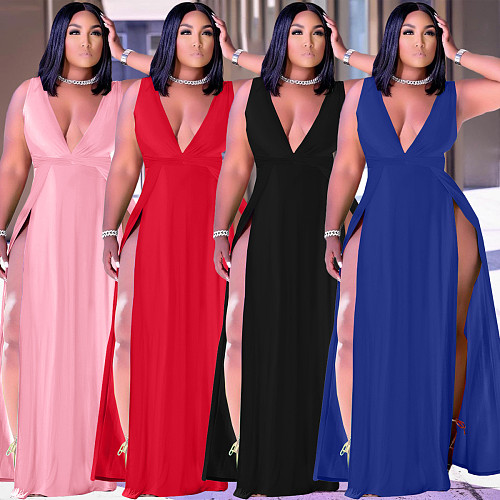 Fashion Deep V Neck Solid Color Sleeveless Sexy High Slit Women Elegant A-Line Plus Size Maxi Long Dress WA-7205