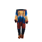 2021 Women Streetwear Summer Pocket Design Lantern Sleeve Tie Dye Print Off Shoulder Plus Size Jumpsuit BER-8071