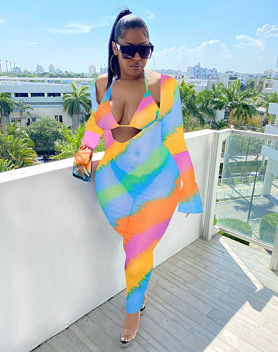 Sexy Beachwear Summer Mesh Print Halter Bra Tops+Full Flare Sleeve V-Neck Bodycon Jumpsuit 2 Piece Set MOF-6629