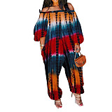 2021 Women Streetwear Summer Pocket Design Lantern Sleeve Tie Dye Print Off Shoulder Plus Size Jumpsuit BER-8071