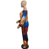 2021 Women Streetwear Summer Pocket Design Lantern Sleeve Tie Dye Print Off Shoulder Plus Size Jumpsuit BER-8071