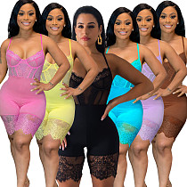 XS Sexy Women Solid Color Lace Stitching Sleeveless Spaghetti Strap Low Cut Bodycon Corset Lingerie Bodysuit OSM-5250