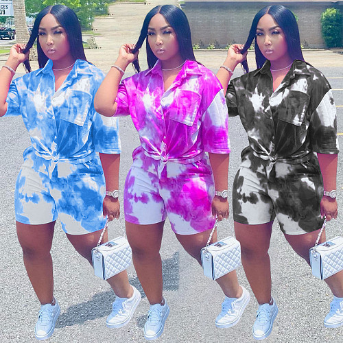 2021 Summer Chic Tie-Dye Short Sleeve Turn Down Collar Shirt High Waist Shorts Women Plus Size Two Piece Sets WA-77209