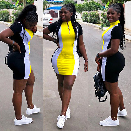 Fashion Color Striped Patchwork Short Sleeve Zipper Stand Collar High Waist Sportswear Bodycon Womens Dress YMT-6030