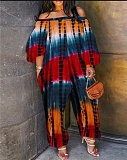 2021 Women Streetwear Summer Pocket Design Lantern Sleeve Tie Dye Print Off Shoulder Plus Size Jumpsuit BER-8071