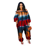 2021 Women Streetwear Summer Pocket Design Lantern Sleeve Tie Dye Print Off Shoulder Plus Size Jumpsuit BER-8071