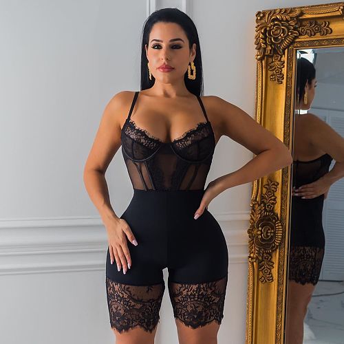 XS Sexy Women Solid Color Lace Stitching Sleeveless Spaghetti Strap Low Cut Bodycon Corset Lingerie Bodysuit OSM-5250