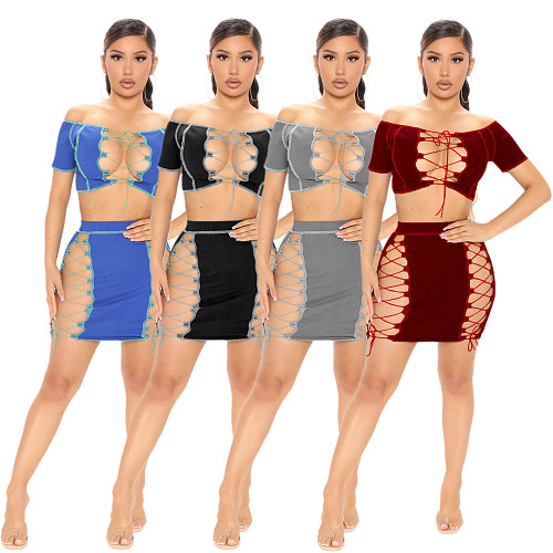 Hot Sale Irregular Drawstring Knit Rib Sexy Off Shoulder Cross Lace Up Crop Top Skirts Club Plus Size Two Piece Set LX-5802
