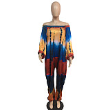 2021 Women Streetwear Summer Pocket Design Lantern Sleeve Tie Dye Print Off Shoulder Plus Size Jumpsuit BER-8071