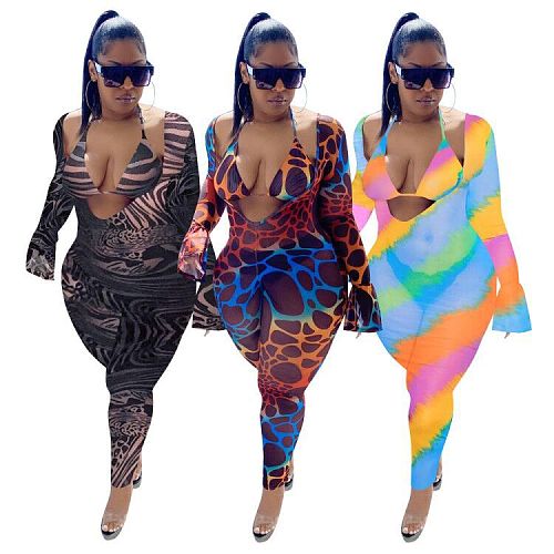 Sexy Beachwear Summer Mesh Print Halter Bra Tops+Full Flare Sleeve V-Neck Bodycon Jumpsuit 2 Piece Set MOF-6629