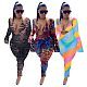 Sexy Beachwear Summer Mesh Print Halter Bra Tops+Full Flare Sleeve V-Neck Bodycon Jumpsuit 2 Piece Set MOF-6629