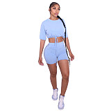 Summer Outfits Solid Short Sleeve O Neck Drawstring Crop Tops Strechy Shorts Active Trakcsuit 2 Piece Set WSY-5882