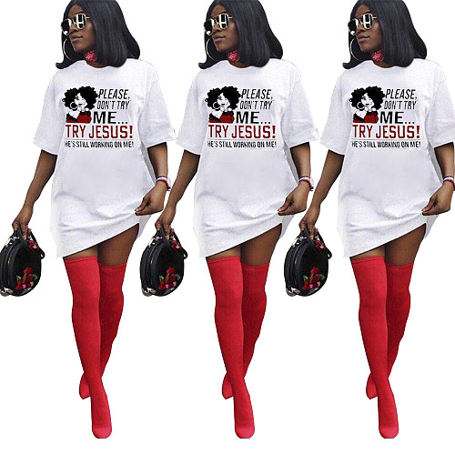 Plus Size Women Casual Letter Print Short Sleeve O Neck Summer Streetwear T Shirt Midi Dresses BER-8078