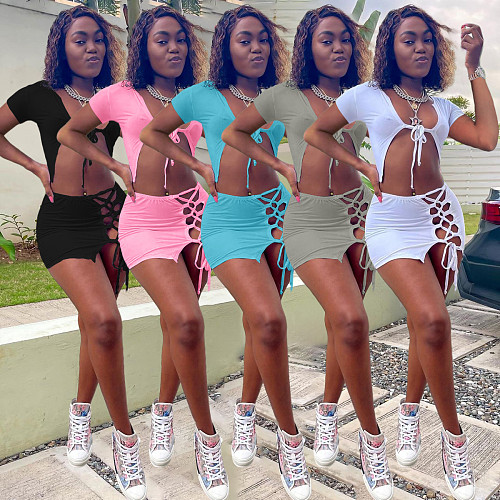 Sexy Women Solid Color Short Sleeve Lace Up Crop Tops Bandage Hollow Out Mini Skirts Summer Two Piece Sets AL-256
