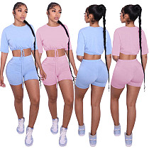 Summer Outfits Solid Short Sleeve O Neck Drawstring Crop Tops Strechy Shorts Active Trakcsuit 2 Piece Set WSY-5882