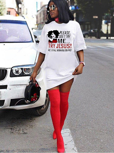 Plus Size Women Casual Letter Print Short Sleeve O Neck Summer Streetwear T Shirt Midi Dresses BER-8078