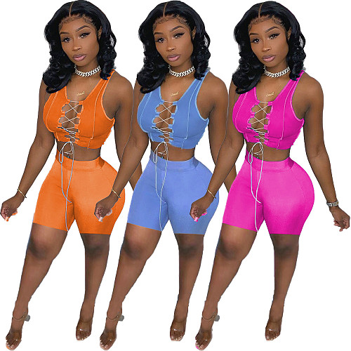Sexy Solid Color Criss Cross Lace Up Sleeveless Crop Tops Elastic Shorts Women Streetwear 2 Piece Set XY-9107