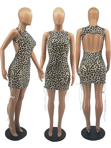 Sexy Leopard Print Backless Women Fashion Sleeveless O Neck Side Lace Up Bodycon Summer Vestidos Mini Dress FOS-8088