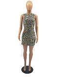 Sexy Leopard Print Backless Women Fashion Sleeveless O Neck Side Lace Up Bodycon Summer Vestidos Mini Dress FOS-8088
