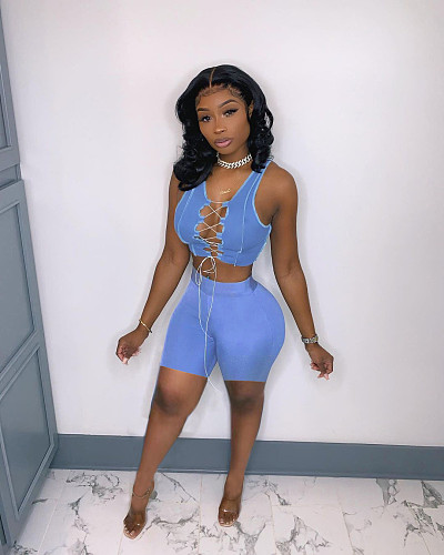 Sexy Solid Color Criss Cross Lace Up Sleeveless Crop Tops Elastic Shorts Women Streetwear 2 Piece Set XY-9107