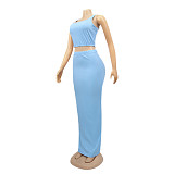 Fashion Women Solid Color Sleeveless Crop Top High Waist Elastic Long Skirts Summer Two Pieces Set SFY-152