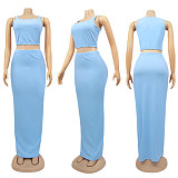 Fashion Women Solid Color Sleeveless Crop Top High Waist Elastic Long Skirts Summer Two Pieces Set SFY-152