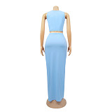 Fashion Women Solid Color Sleeveless Crop Top High Waist Elastic Long Skirts Summer Two Pieces Set SFY-152