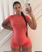Women Print Letter Short Sleeve O-neck T-shirt High Waist Elastic Shorts Summer Fitness Clothing 2 Piece Set HMS-5475