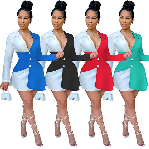 Fashion Women Turn-Down Collar Long Sleeve Button Design Color Patchwork Shirt Skinny Mini Dresses WSM-5258