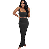 Fashion Women Solid Color Sleeveless Crop Top High Waist Elastic Long Skirts Summer Two Pieces Set SFY-152