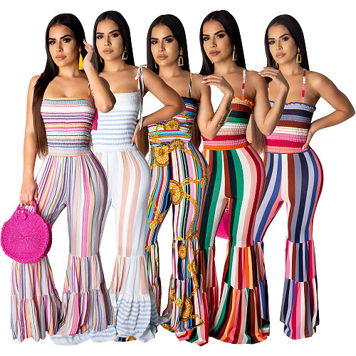 Fashion Women Clothing Colorful Stripe Print Spaghetti Straps Stretch Waist Boot Cut Flared Jumpsuit SHD-9109