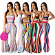 Fashion Women Clothing Colorful Stripe Print Spaghetti Straps Stretch Waist Boot Cut Flared Jumpsuit SHD-9109