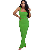 Fashion Women Solid Color Sleeveless Crop Top High Waist Elastic Long Skirts Summer Two Pieces Set SFY-152