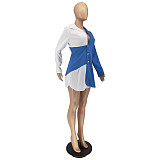 Fashion Women Turn-Down Collar Long Sleeve Button Design Color Patchwork Shirt Skinny Mini Dresses WSM-5258