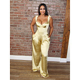 Sexy Solid Color Club Party Sleeveless V Neck Straps High Waist Womens Summer Wide Leg Satin Jumpsuit BN-9286