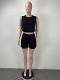 Summer Women Clothes Sexy Solid Sleeveless Tank Vest Crop Top Elastic Waist Shorts Stretch 2 Pieces Set ML-7446