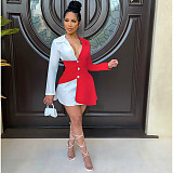 Fashion Women Turn-Down Collar Long Sleeve Button Design Color Patchwork Shirt Skinny Mini Dresses WSM-5258